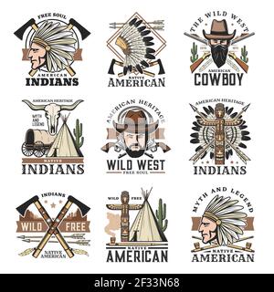 Wild West isolated vector icons cowboy, pipes and idol, American western ranger in hat with guns. Arrow and vintage wagon, Indian chief. Revolvers, wi Stock Vector