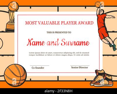 Certificate for basketball most valuable player. Sports club award ...