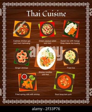 Thai cuisine vector menu green papaya salad som tum, sweet rice with mango khao niaow ma muang. Ginger shrimps and pad thai, fried rice or spring roll Stock Vector