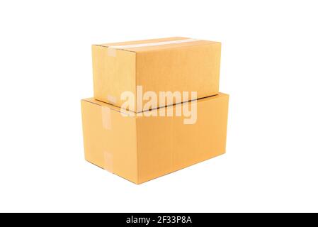 Stack of two brown cardboard boxes isolated on white background Stock Photo