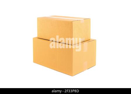 Stack of two brown cardboard boxes isolated on white background Stock Photo