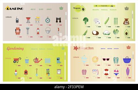 A set of sites for online stores of gardening, camping, beach goods, vegetarian food. Vector cartoon illustration of web pages. Pages with corporate Stock Vector