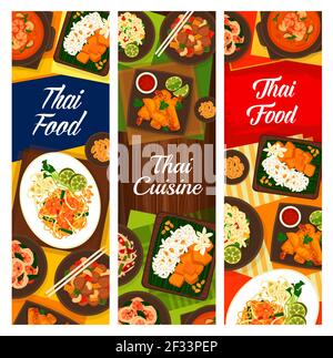 Thai cuisine vector shrimp noodles pad thai, cashew chicken gai pad med mamuang, green papaya salad som tum and sweet rice with mango khao niaow ma mu Stock Vector