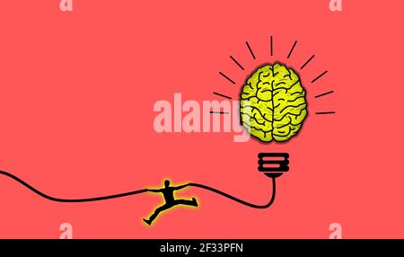 Man taking a big risk to glow his mind of energy and knowledge. Brain Bulb Creative idea. Business Risks taking Concept Stock Photo