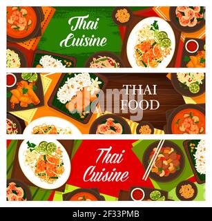 Thai cuisine vector sweet rice with mango khao niaow ma muang, cashew chicken gai pad med mamuang, and green papaya salad som tum. Shrimp noodles, fri Stock Vector