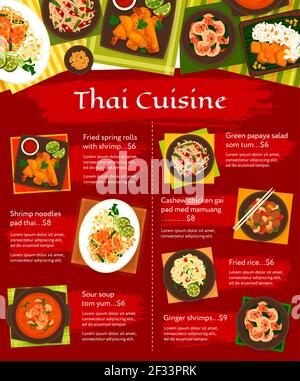 Thai cuisine vector menu gai pad med mamuang, green papaya salad som tum and sweet rice with mango khao niaow ma muang. Ginger shrimps, fried spring r Stock Vector