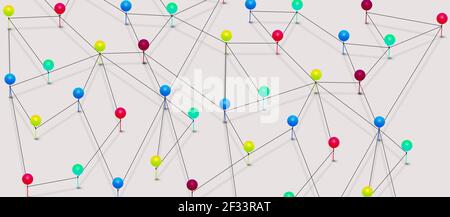 Linked pins with lines. 3D atomic structure. abstract of social networking and people interaction concept. connection, internet, and network creative Stock Photo