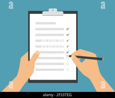 Flat design illustration of a man or woman's hand holding a pencil and filling out a to-do list. White paper on green background - vector Stock Vector