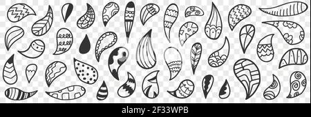 Natural leaves or drops doodle set. Collection of hand drawn leaves or natural drops of various patterns decoration wallpaper isolated on transparent background Stock Vector