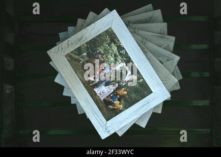 hand crafted photo frame with artistic dull white paint forming a beautiful pattern. Stock Photo