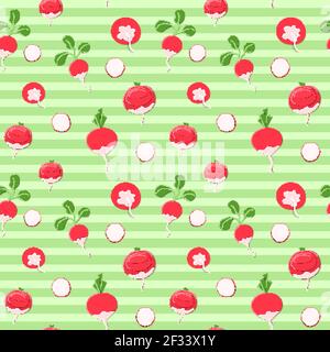 Seamless pattern with paper cut red radish on striped green background. Vector illustration of root whole and slice for design. Paper applique art Stock Vector