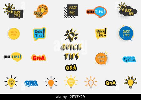 Quick tips, tip, trick, FAQ, Q&A sticker design element with bubble message, bulb icon. vector illustration Stock Vector