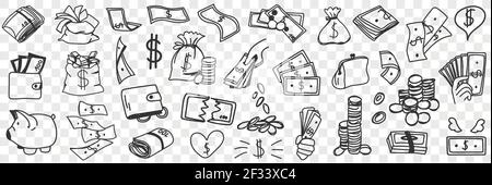 Money and finance doodle set. Collection of hand drawn cash savings piggybank scale with dollars currency stack of coins money savings isolated on transparent background Stock Vector