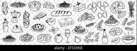 Foods and drinks doodle set. Collection of hand drawn edible and tasty bread cakes fruits pizza soup olive oil and drinks in glass and pot isolated on transparent background Stock Vector