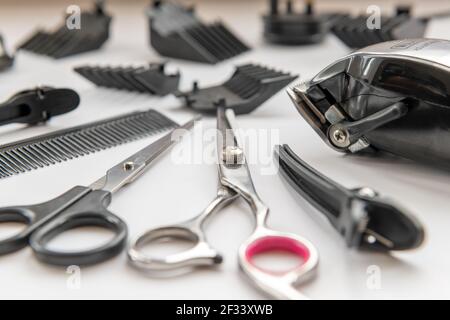 Isolated image of a selection of hair dressing equipment with a white background. Stock Photo