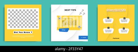 Social media tutorial, tip, trick, quick tips, layout template with geometric background design in blue, white, yellow color. Vector illustration Stock Vector