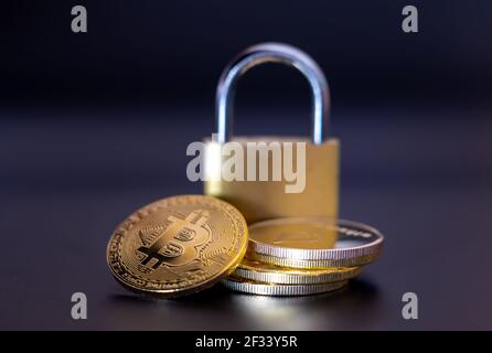 Cryptocurrency Bitcoin Coin And Padlock Lock On Computer Keyboard Internet Security And Protection Concept 3d Illustration Stock Photo Alamy