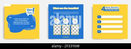 Social media tutorial, tip, trick, quick tips, layout template with geometric background design in blue, white, yellow color. Vector illustration Stock Vector