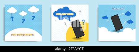 Social media tutorial, tip, trick, quick tips, layout template with geometric background design in blue, white, yellow color. Vector illustration Stock Vector