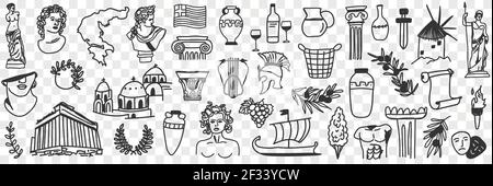 Symbols of ancient culture doodle set. Collection of hand drawn greek sculptures buildings arch gods ships musical instruments masks for theatre from historical times on transparent background Stock Vector