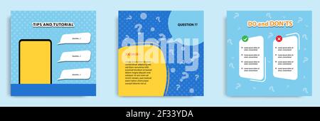 Social media tutorial, tip, trick, quick tips, layout template with geometric background design in blue, white, yellow color. Vector illustration Stock Vector