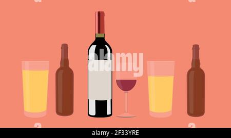 Wine and Beer. Vector isolated Illustration of a bottle of wine, two cups of wine and two bottles of beer with two glasses Stock Vector