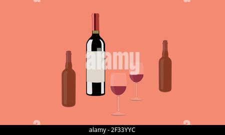 Wine and Beer. Vector isolated Illustration of a bottle of wine, two cups of wine and two bottles of beer Stock Vector