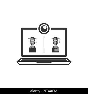 A laptop icon with a webcam and students in academic hats on the screen. Distance learning. Stock Vector