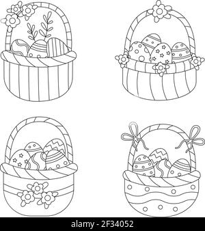 Coloring page with Easter baskets. Set of black and white baskets full of eggs. Stock Vector