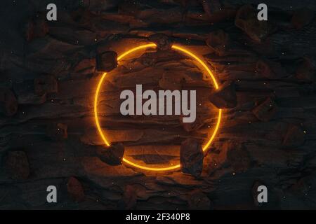 3d rendering of glow circle shape against black rock volcanic wall Stock Photo