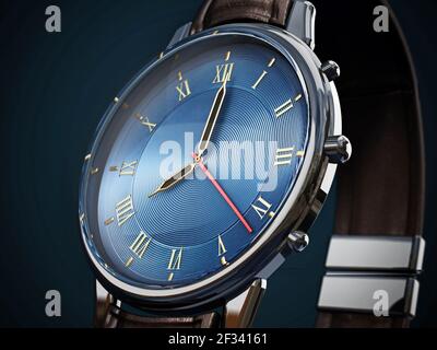 Classic men's watch detail on dark background. 3D illustration. Stock Photo