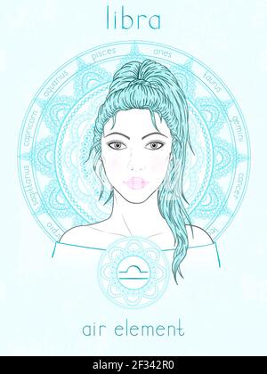 Vector illustration of Libra zodiac sign, portrait beautiful girl and horoscope circle. Air element. Mysticism, predictions, astrology. Stock Vector
