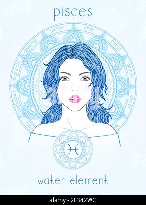 Vector illustration of Pisces zodiac sign, portrait beautiful girl and horoscope circle. Water element. Mysticism, predictions, astrology. Stock Vector
