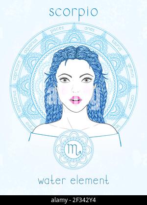 Vector illustration of Scorpio zodiac sign, portrait beautiful girl and horoscope circle. Water element. Mysticism, predictions, astrology. Stock Vector
