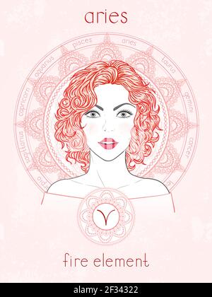 Vector illustration of Aries zodiac sign, portrait beautiful girl and horoscope circle. Fire element. Mysticism, predictions, astrology. Stock Vector