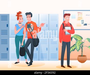 Stop bullying concept, sad unhappy school boy teenager surrounded by laughing classmates Stock Vector