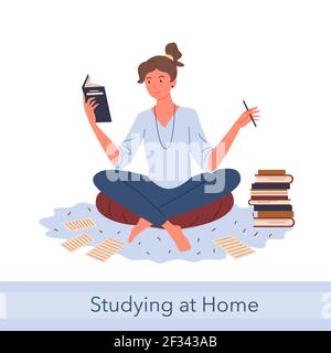 Distance study self education, knowledge concept with young happy woman student reading Stock Vector