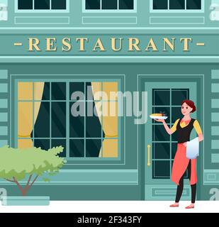 Restaurant city facade, happy waitress in apron holding tray, standing at entrance Stock Vector