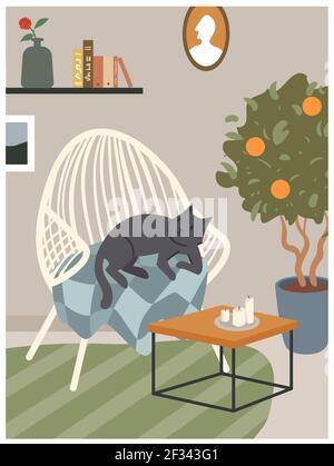 Scandinavian hygge cozy interior with armchair, cute cat sleeping in chair of living room Stock Vector