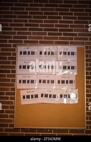Piano notes on brown board in classroom Stock Photo