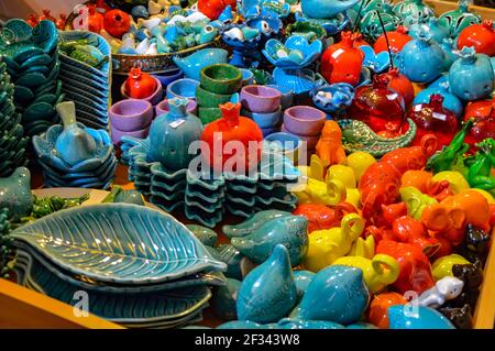 Tehran, Iran - November 23, 2015: Colorful handmade ceramics souvenirs sold at the Tehran Bazaar in Iran Stock Photo