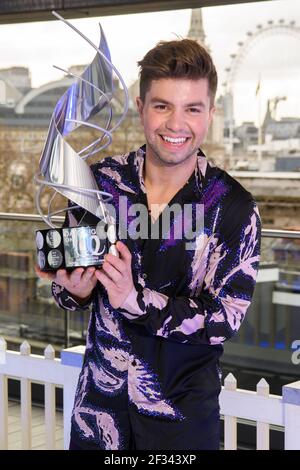 London, UK. 15 March 2021. Capital Breakfast’s Roman Kemp and Sian Welby surprise Sonny Jay with an ice rink on the roof of the Capital studio in Leicester Square, London, after he wins Dancing on Ice.  Picture date: Monday March 15, 2021. Photo credit should read: Matt Crossick/Empics/Alamy Live News Stock Photo