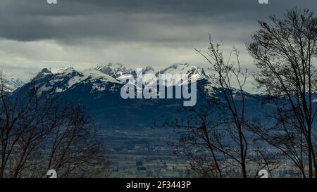 View from Dornbirn Fluh over the Rhine Valley to the Swiss mountains and the Säntis. dark rain clouds give an interesting mood. Gewitterstimmung sky Stock Photo