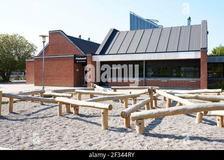 Wood planks playground for children outdoors Stock Photo