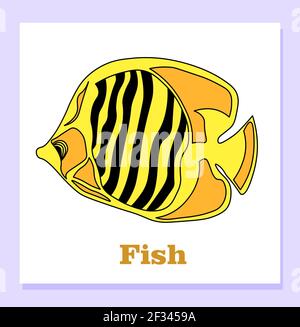 Childish illustration of a snarl. Tropical yellow fish. Zebrasoma. The shortcut is training. Isolated vector illustration. Stock Vector
