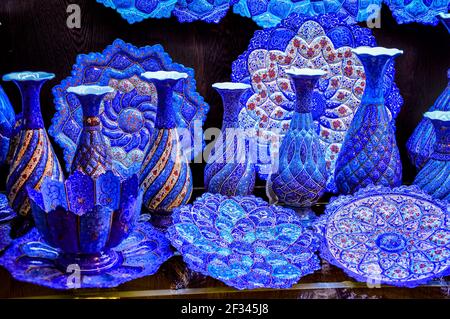 Shiraz, Iran - December 14, 2015: Beautiful blue Persian jugs decorated in the style of minakari (enamel), a traditional handicraft in Iran Stock Photo