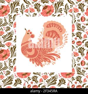 bird in folk style. Petrikovskaya painting. Russian and Ukrainian national ornament. Vector illustration. Stock Vector