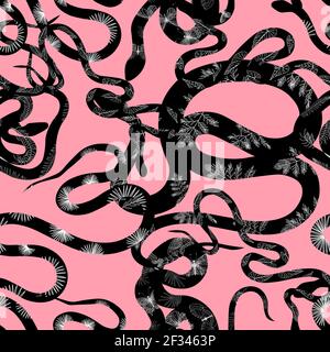 Seamless pattern with snakes. Snakes on a pink background. The textile design is modern. Vector illustration. Stock Vector