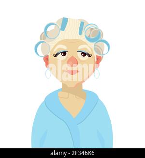 An elderly woman in a dressing gown and curlers. Home clothes. Grandmother. Vector illustration. Stock Vector