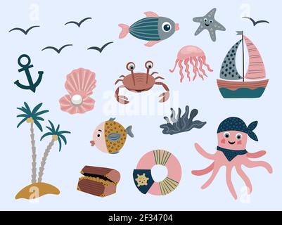 Marine stickers. Crab boat and shell with pearls. vector illustration. Stock Vector